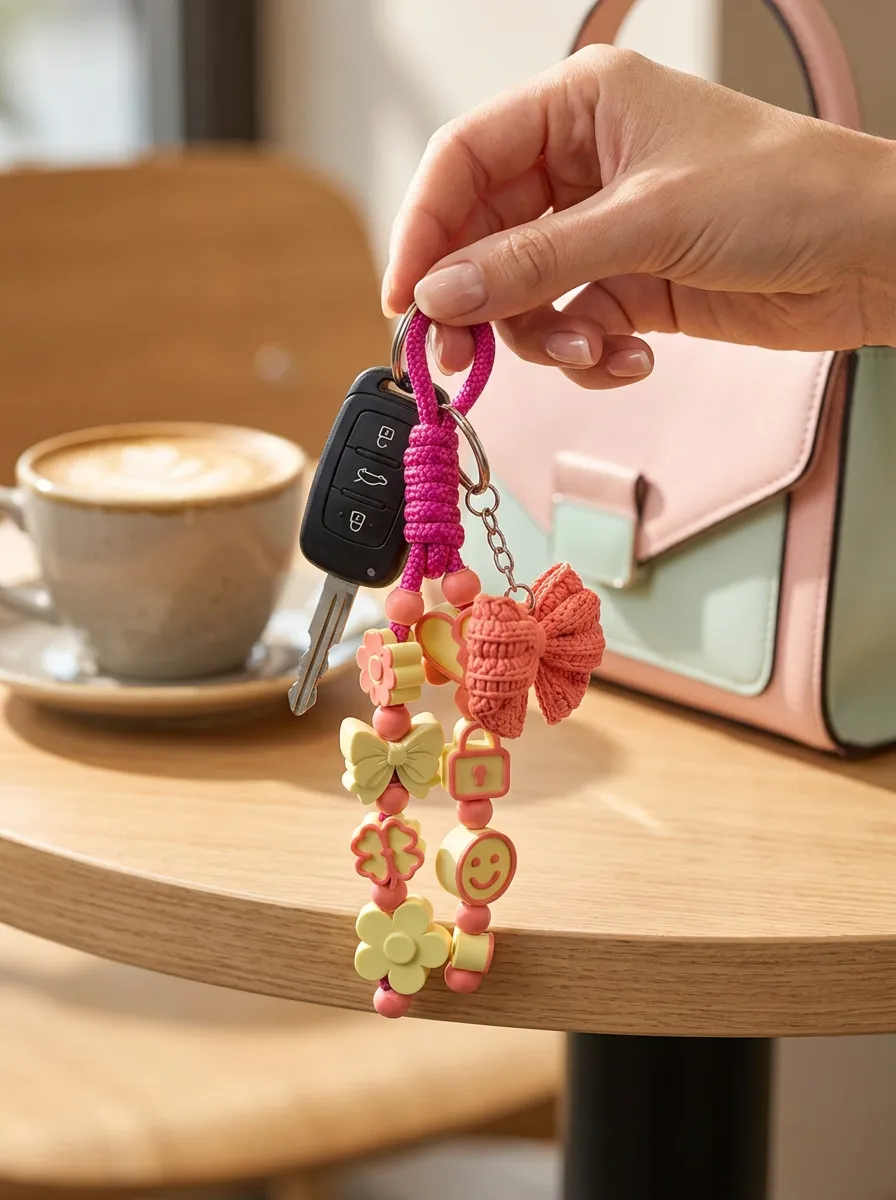 Chaveiro de cordinha pink com laço, flores e cadeado preso na chave do carro