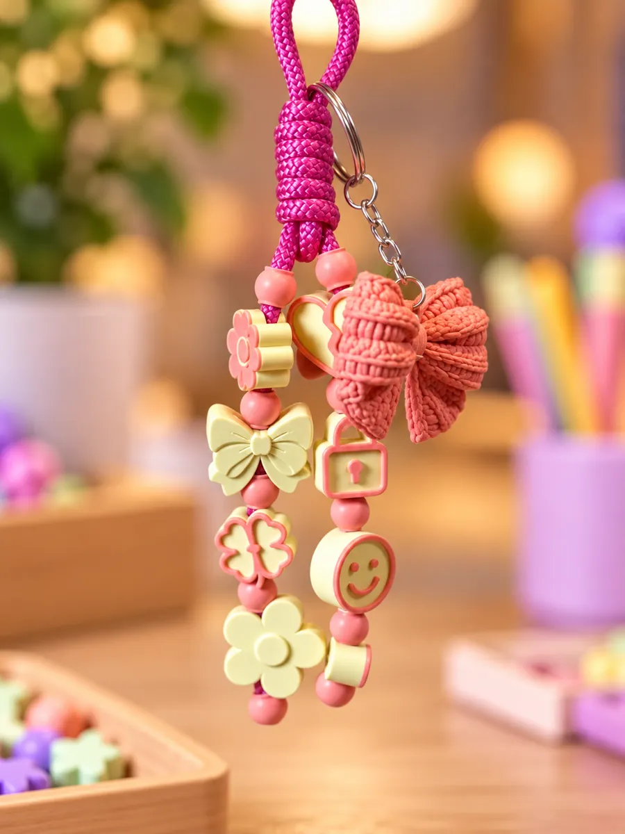 Chaveiro de cordinha pink com laço, flores e cadeado