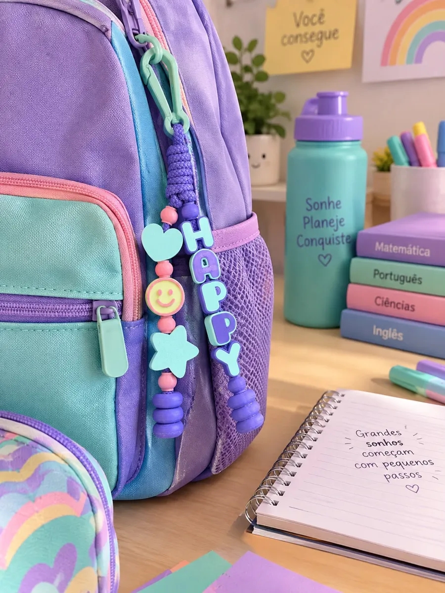 Chaveiro HAPPY lilás e menta pendurado no zíper de uma mochila escolar